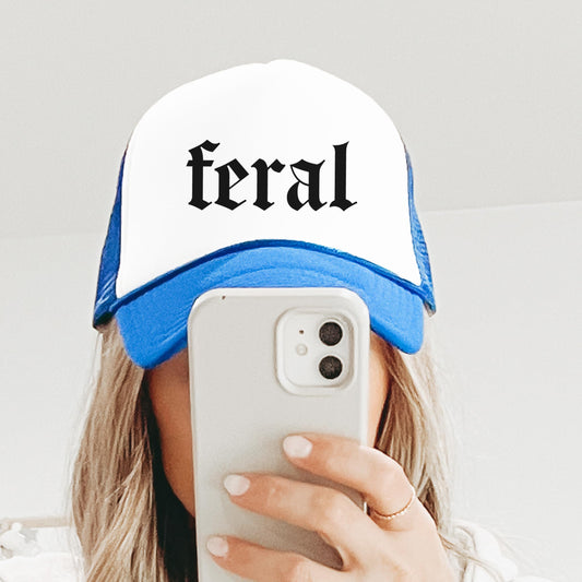 Feral in Gothic Font Trucker Hat Funny Summer Unisex Classic 5 Panel Mesh Snap Back