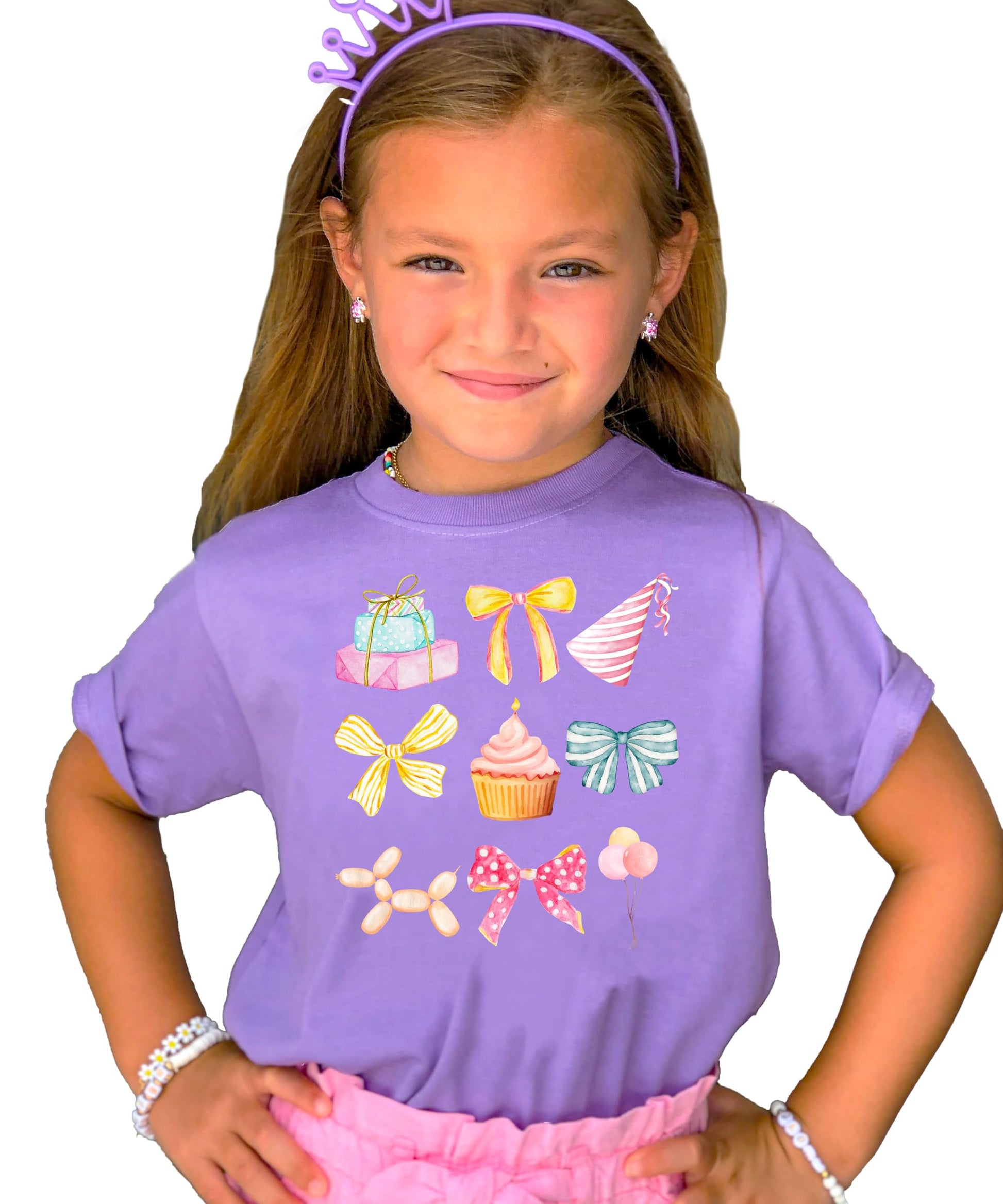 Young girl wearing pink coquette birthday graphic tee styled for a birthday party celebration