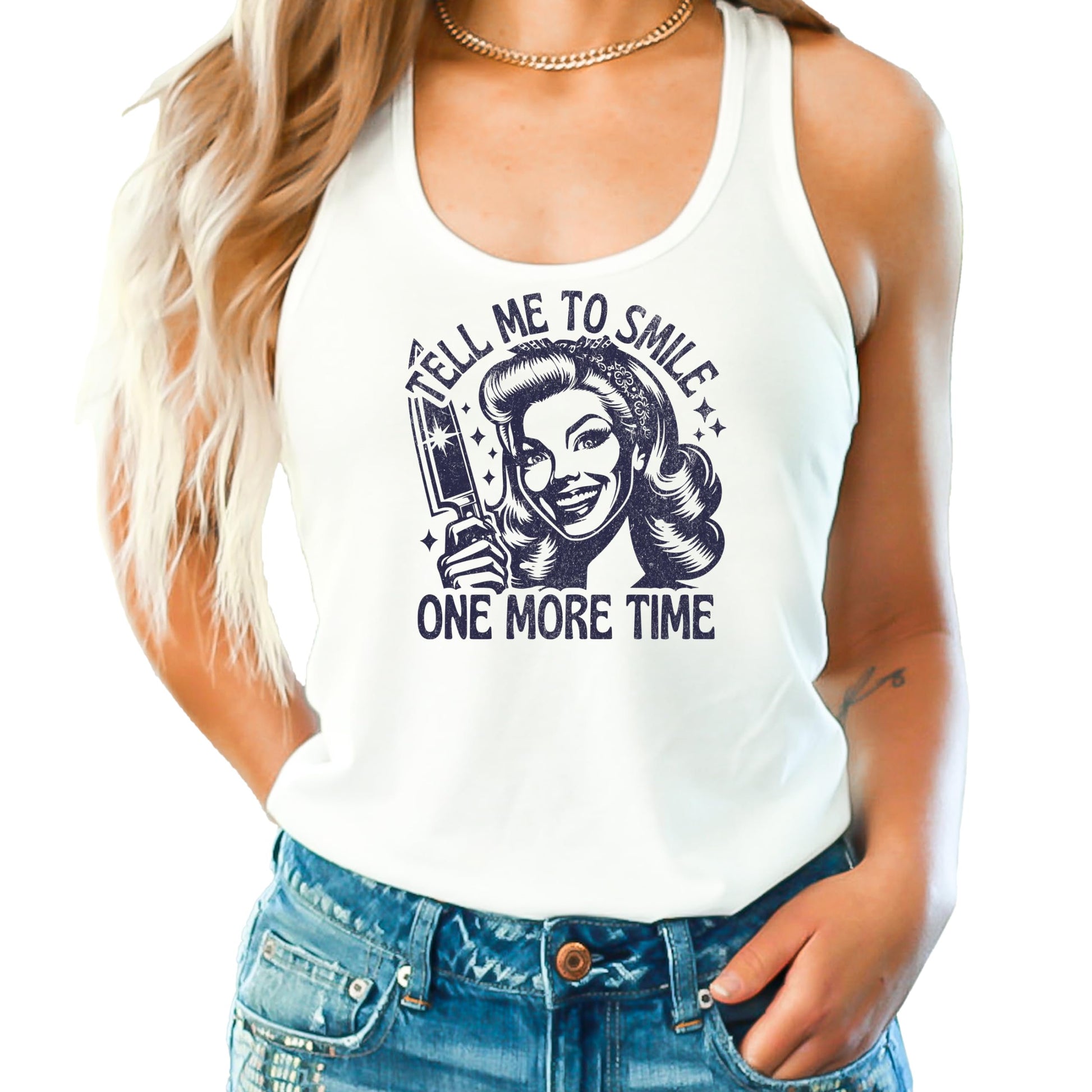 Woman wearing Tell Me to Smile attitude tank top showing fit and style