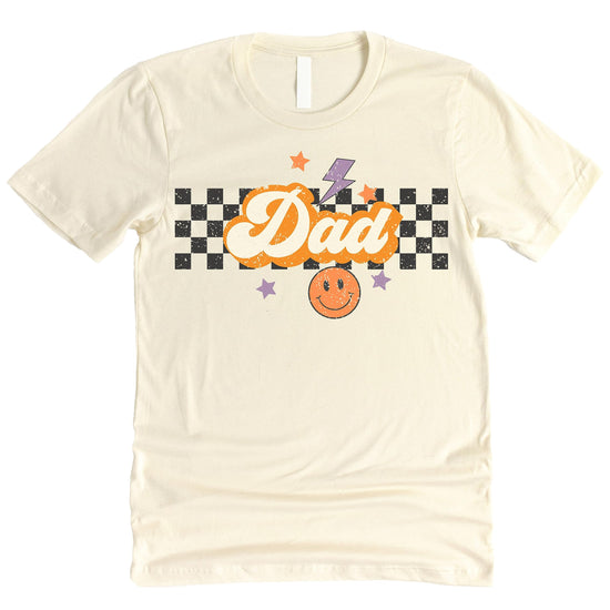 Close-up of Spooky Mom Halloween graphic print on a natural toned shirt