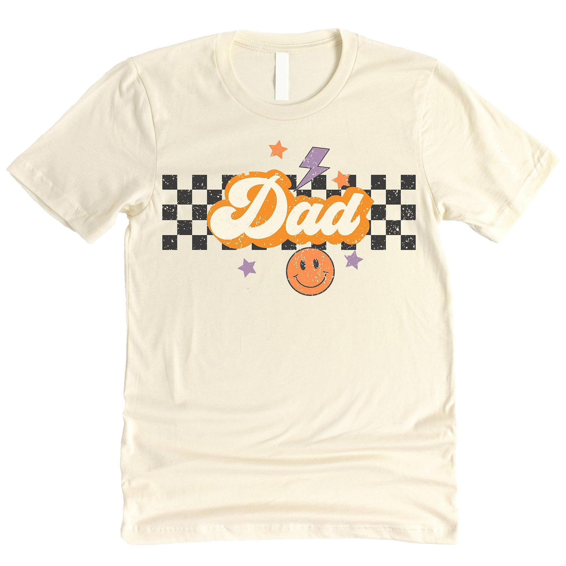 Close-up of Spooky Mom Halloween graphic print on a natural toned shirt