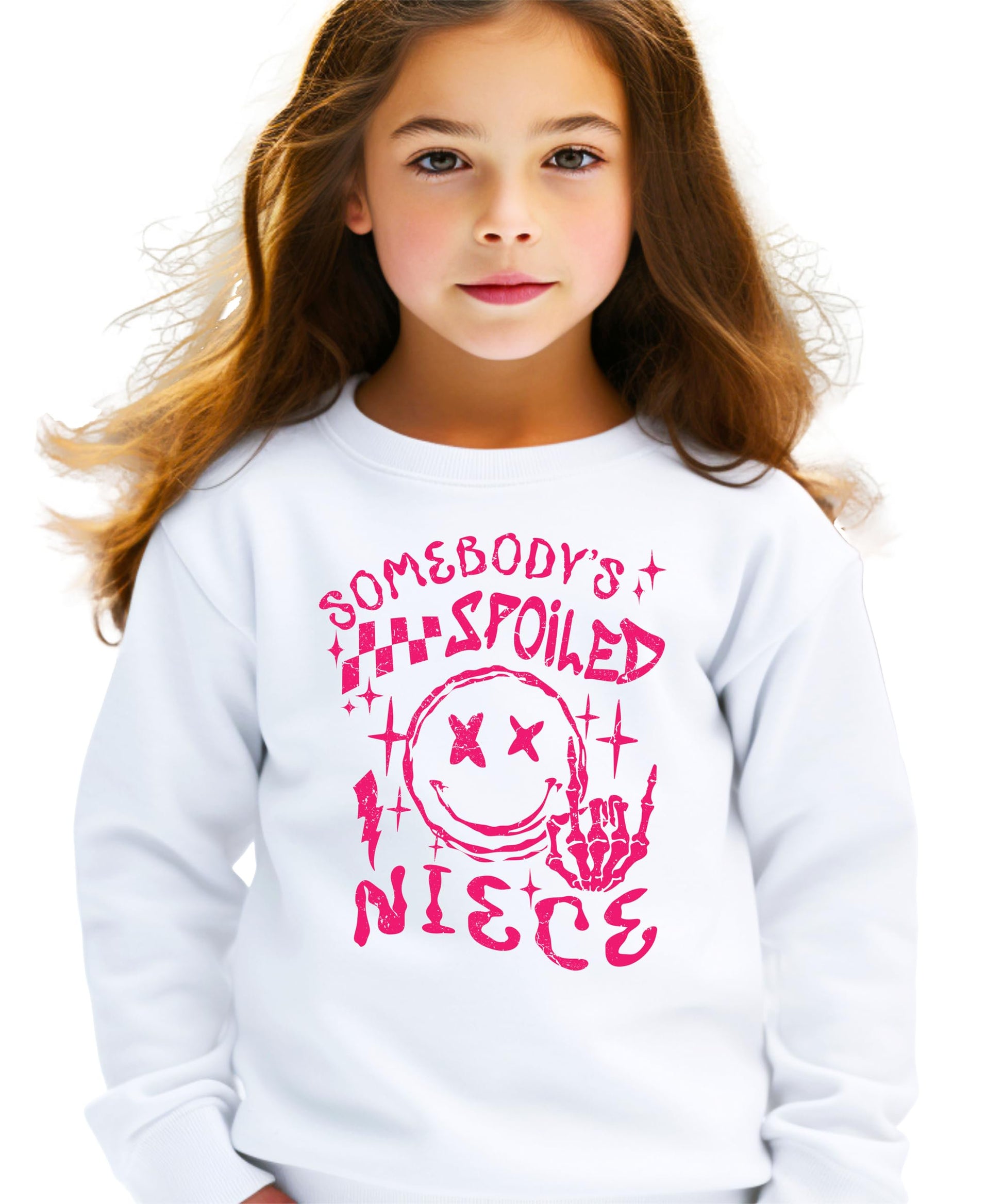 Olive Loves Apple Somebody's Spoiled Niece pink sweatshirt for kids and teens lifestyle shot