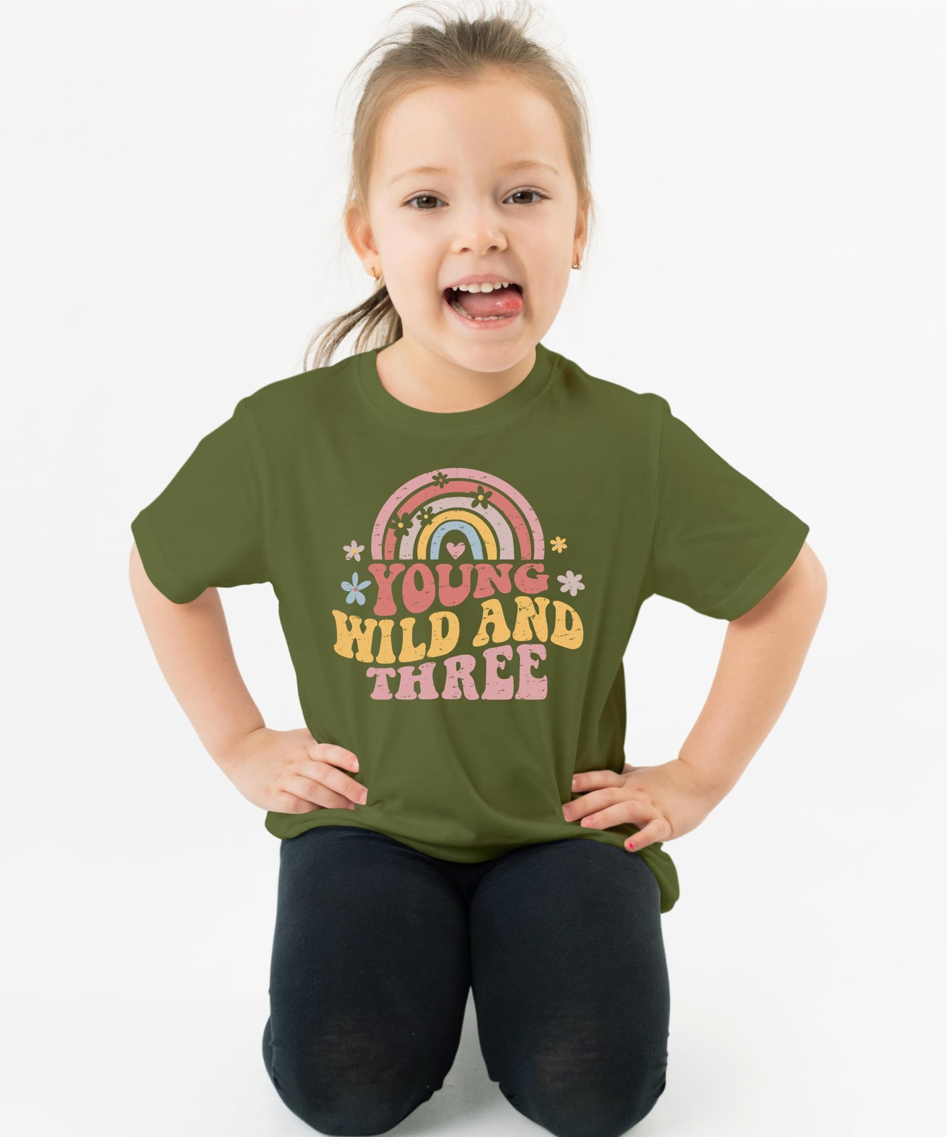 Flat lay of Young Wild Three 3rd birthday shirt showing full design