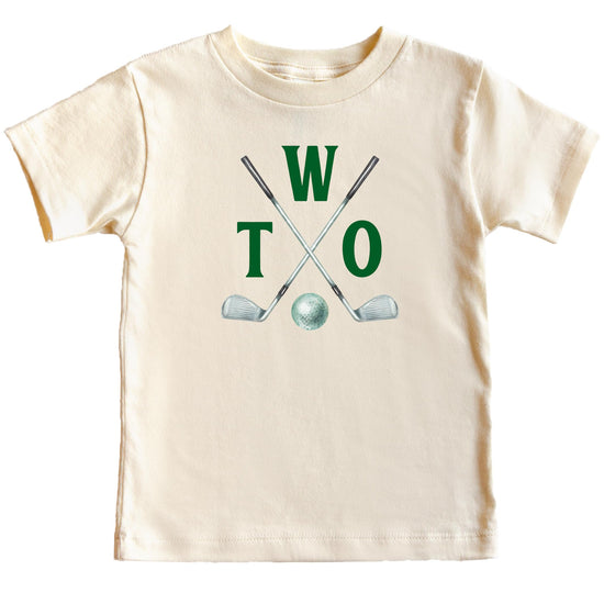Golf themed 2nd birthday shirt flat lay showing full design and shirt style
