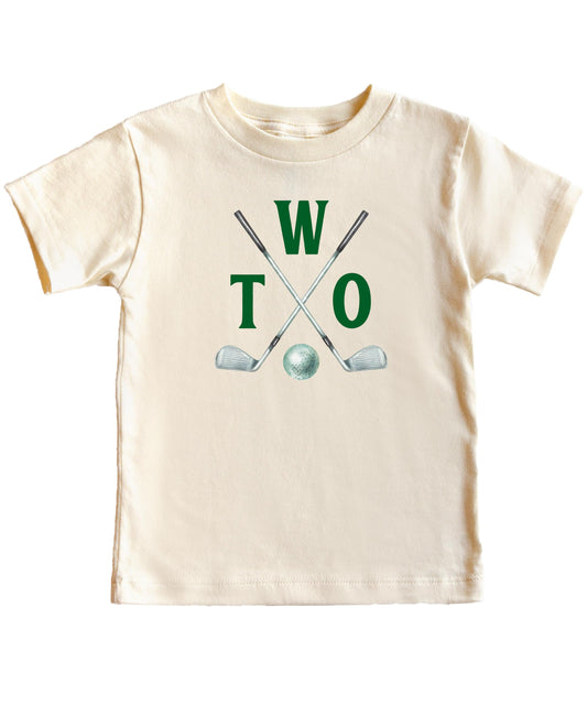 Golf themed 2nd birthday shirt flat lay showing full design and shirt style