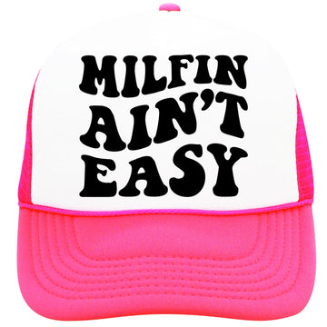 Milfin Ain't Easy Funny Classic 5 Panel Mesh Snap Back Trucker Hat Black Trucker Hat