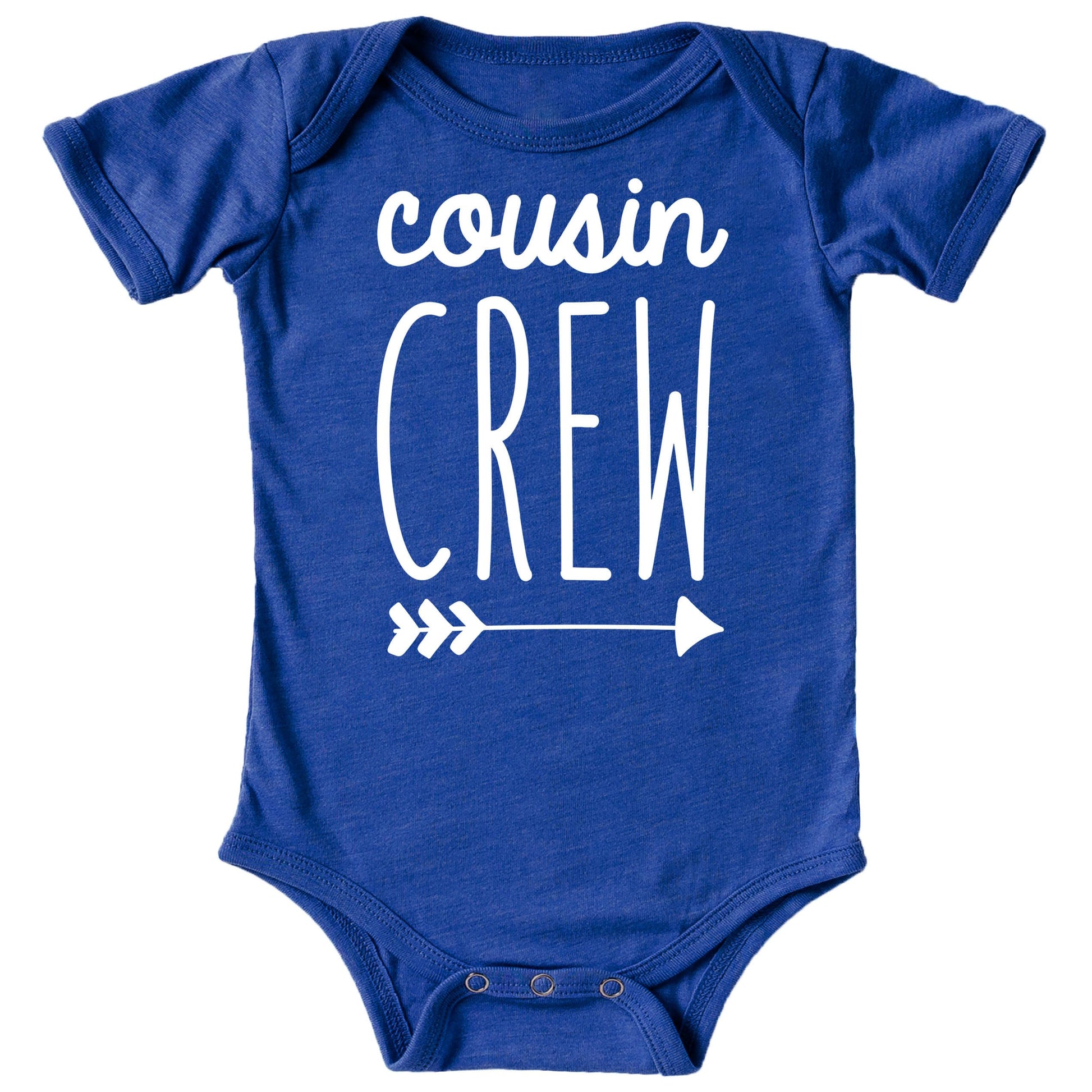 Baby wearing gray Cousin Crew arrow bodysuit showing fit and style