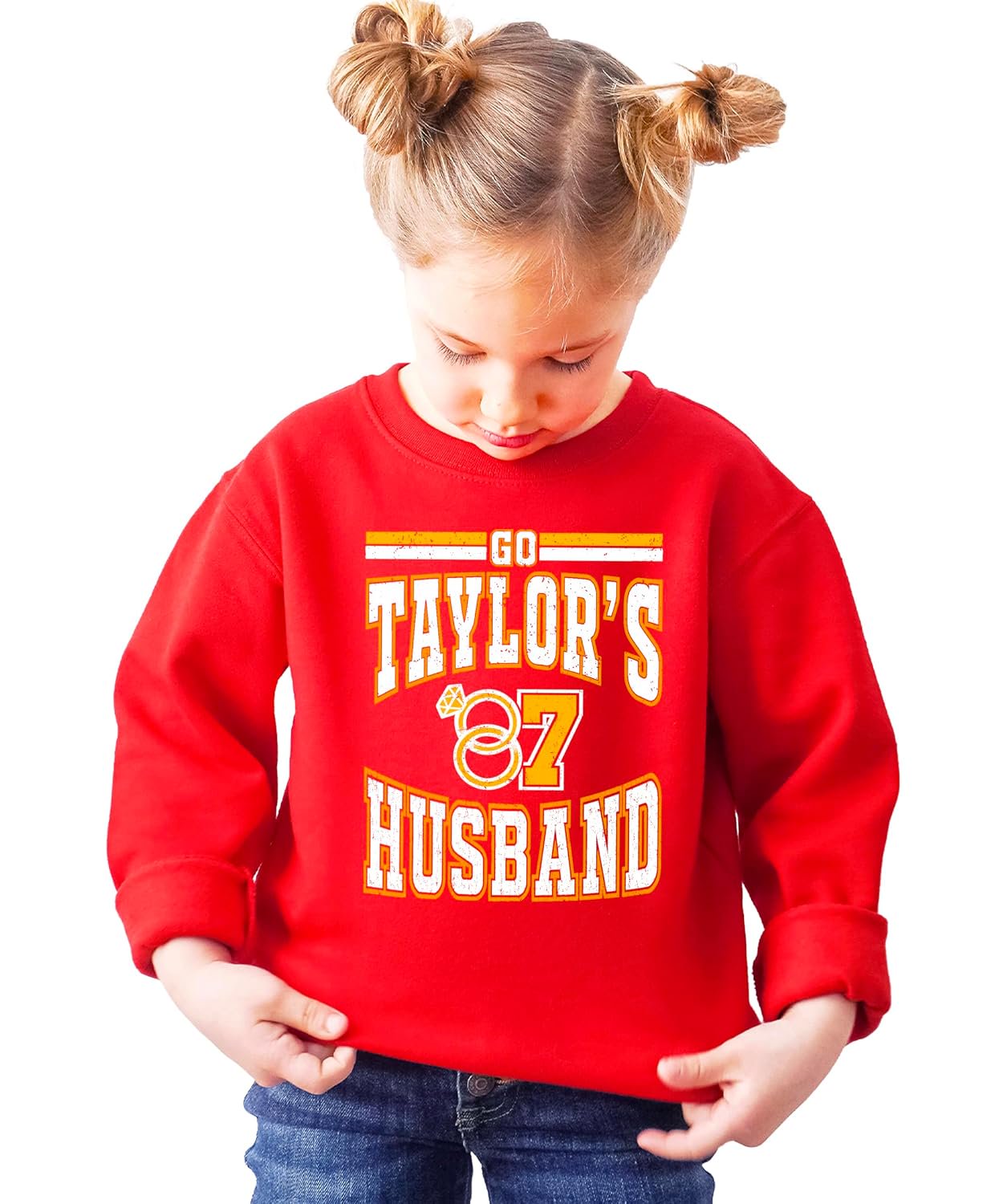 Front view of women's red game day pullover with bold 'Go Taylor's Husband' graphic in collegiate lettering