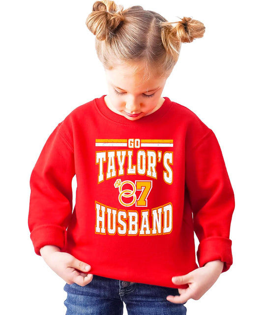 Front view of women's red game day pullover with bold 'Go Taylor's Husband' graphic in collegiate lettering