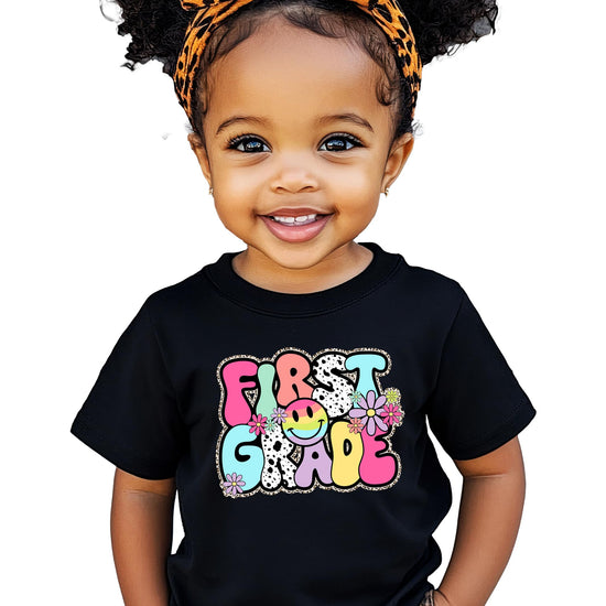 First grade retro vintage shirt for girls in natural color with colorful graphic design