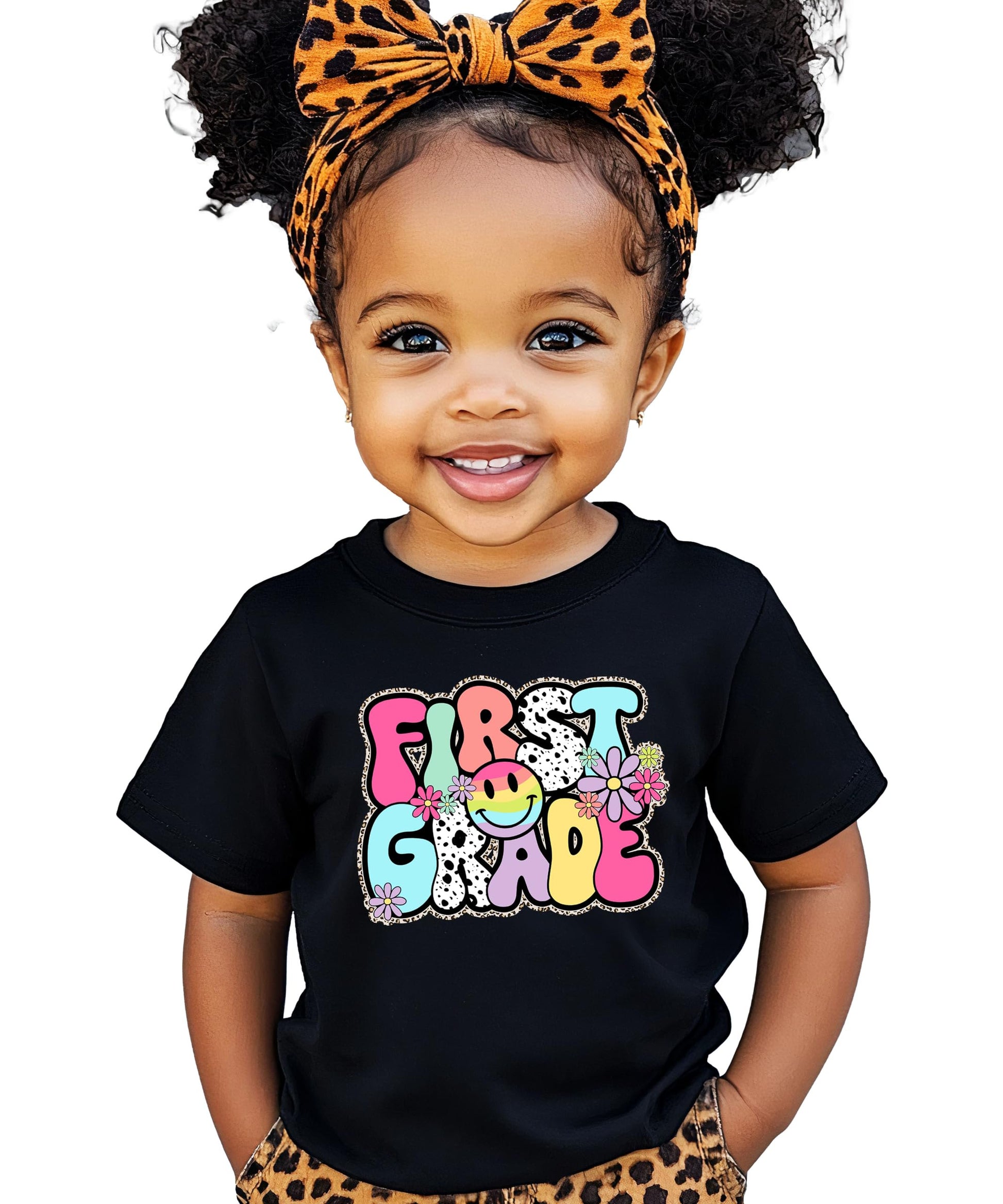 First grade retro vintage shirt for girls in natural color with colorful graphic design