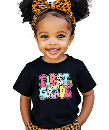 First grade retro vintage shirt for girls in natural color with colorful graphic design