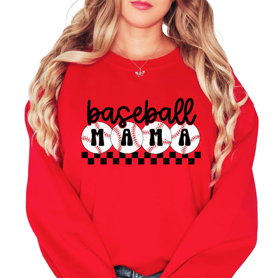 Close-up of checkered baseball mama graphic print on women's sweatshirt