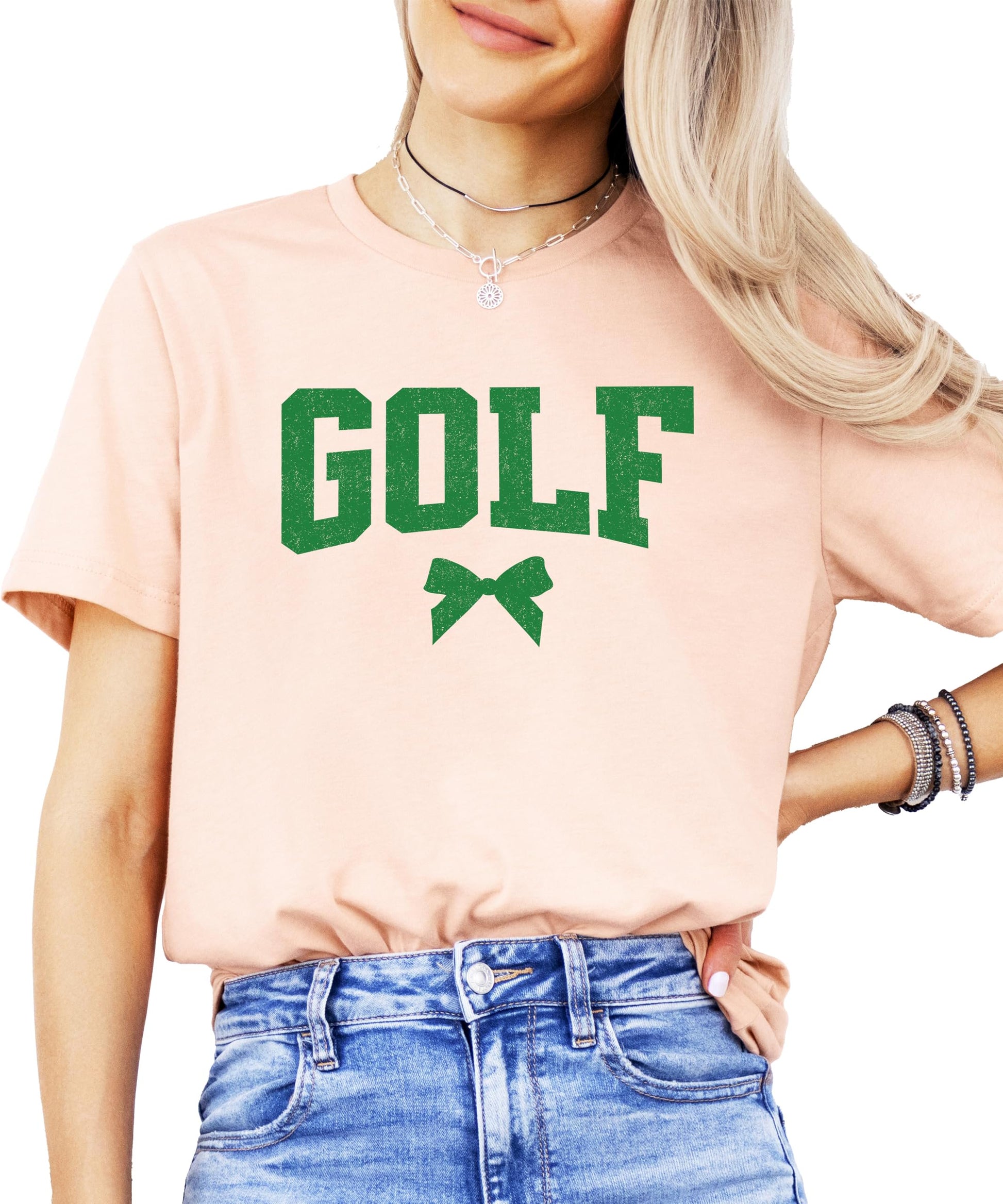 Olive Loves Apple golf coquette bow shirt for women and teens, lifestyle shot