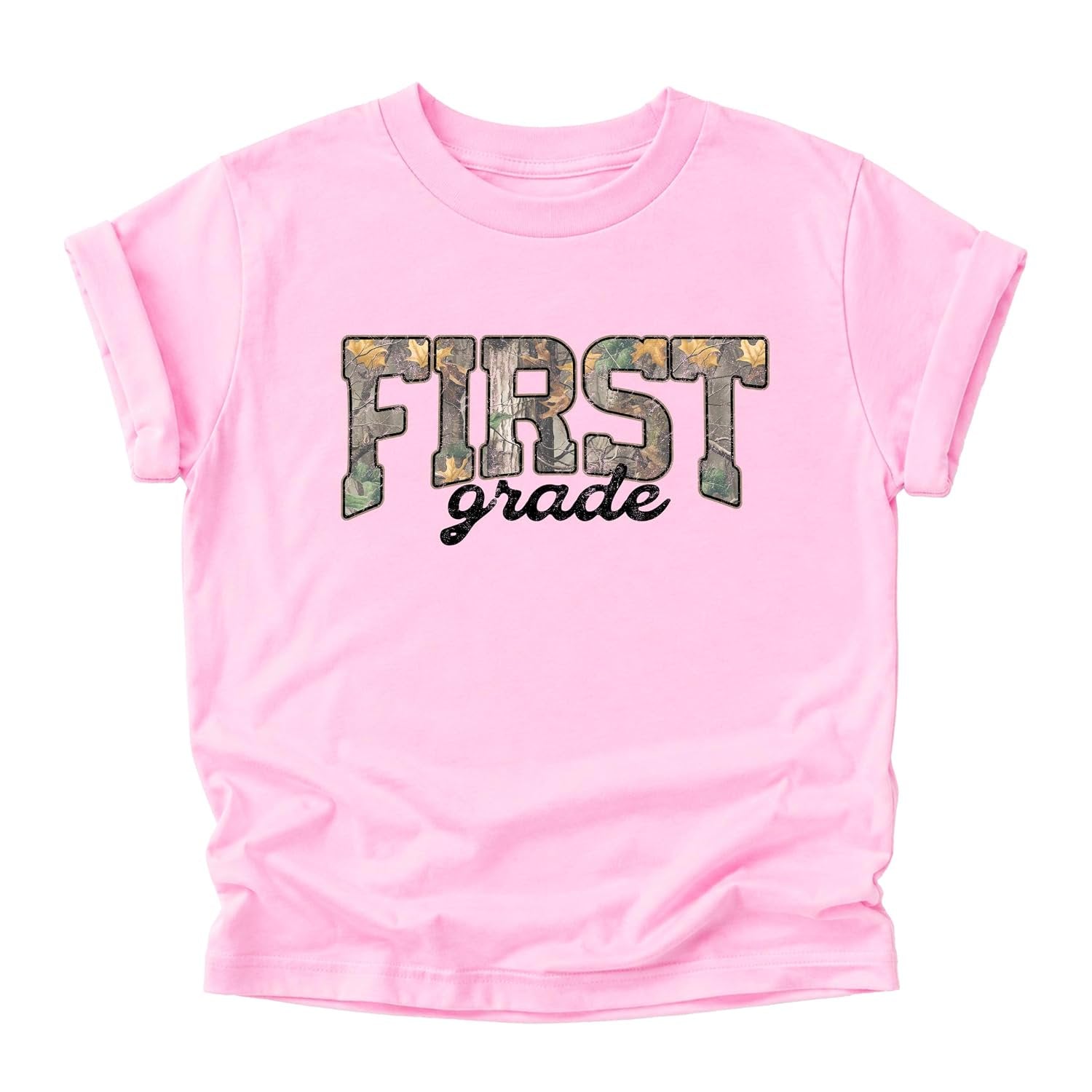 Girl wearing First Grade camo tee in pink — fun 1st grade back to school shirt for kids