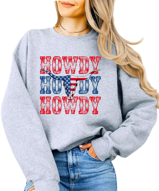 Howdy patriotic western sweatshirt styled for Fourth of July celebration