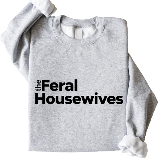 Side view of women's Feral Housewives cozy gray crewneck sweatshirt