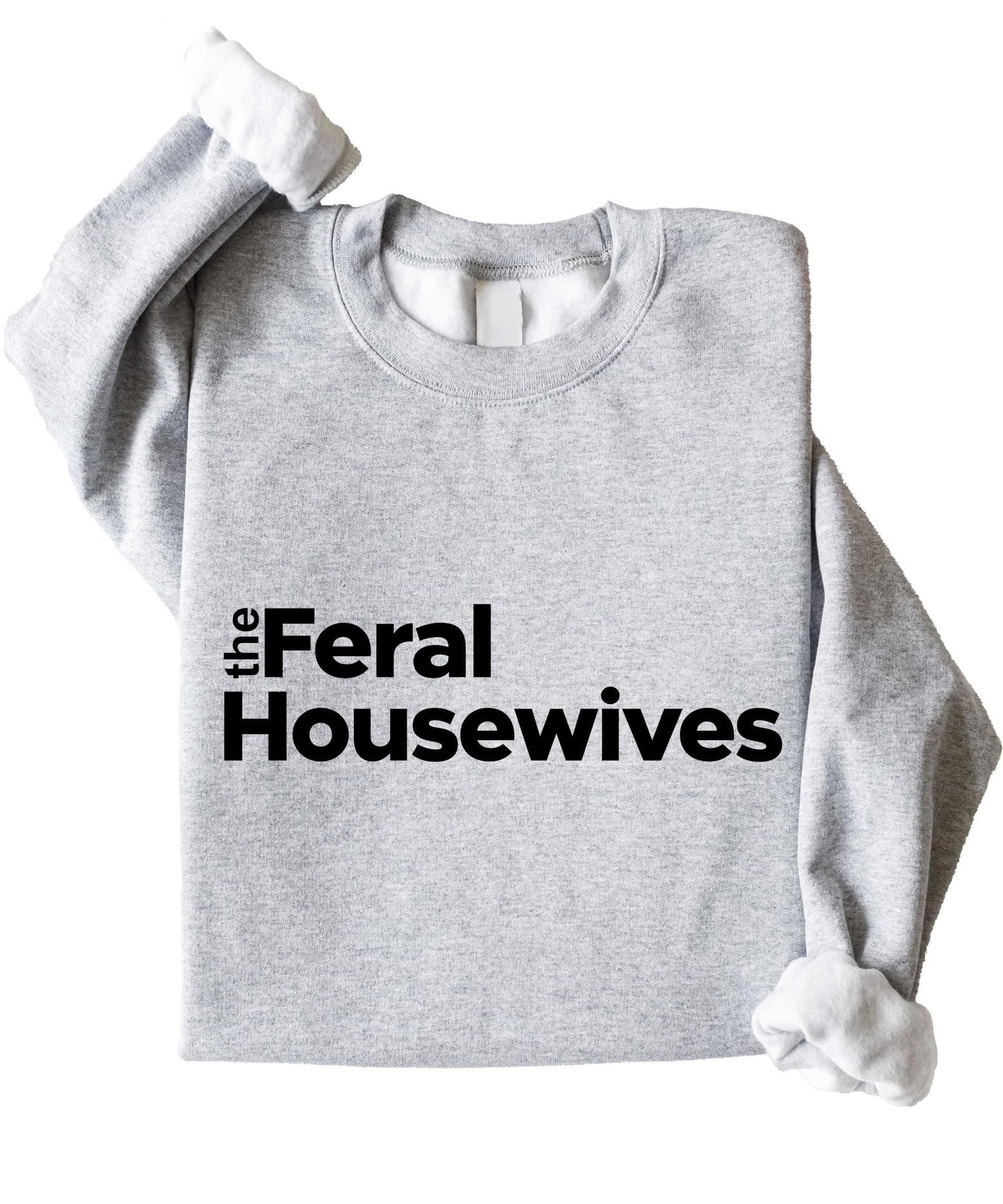 Side view of women's Feral Housewives cozy gray crewneck sweatshirt