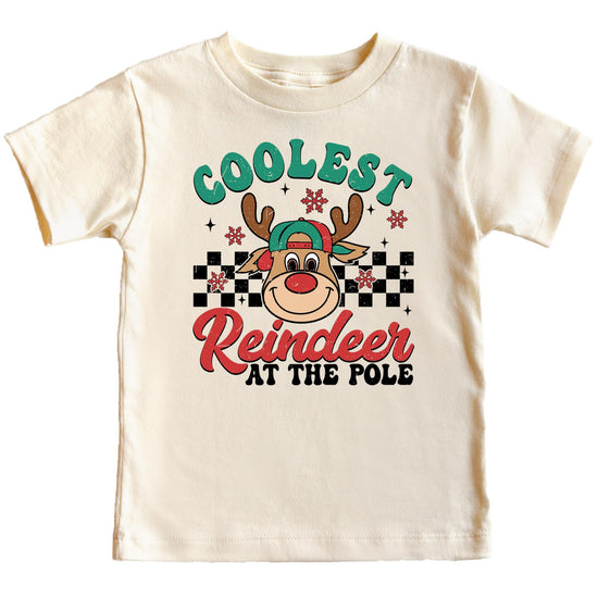Boys natural graphic tee with a cool red-nosed reindeer wearing a hat, Christmas design by Olive Loves Apple