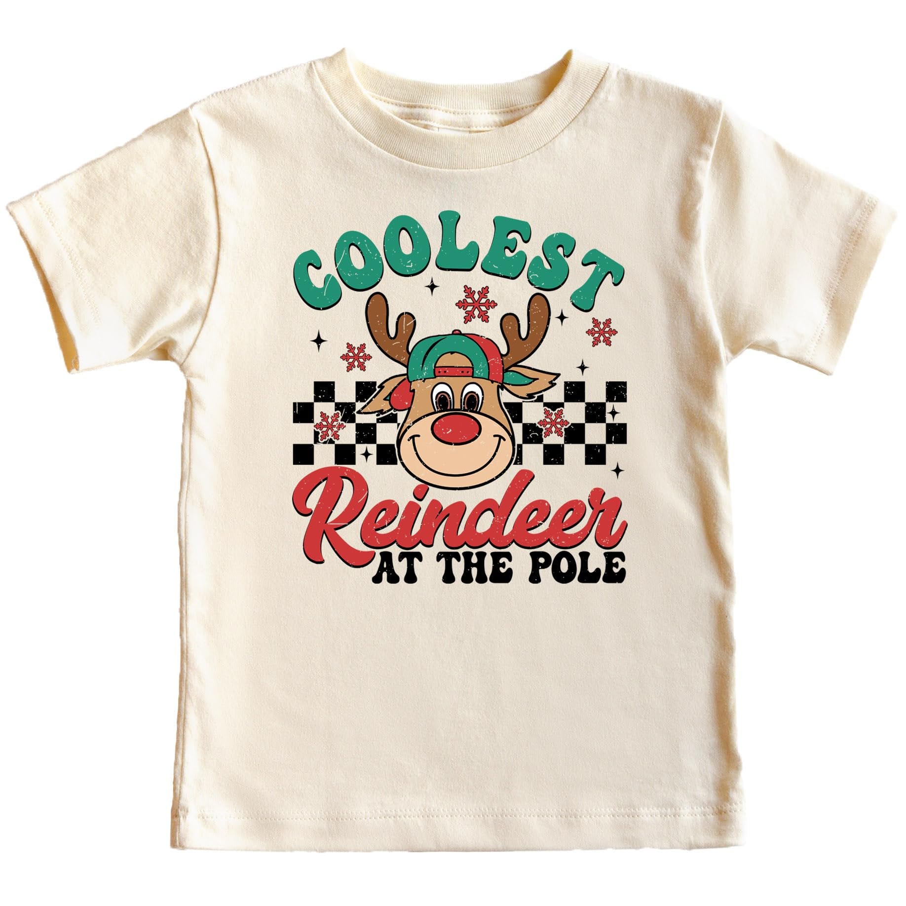 Boys natural graphic tee with a cool red-nosed reindeer wearing a hat, Christmas design by Olive Loves Apple