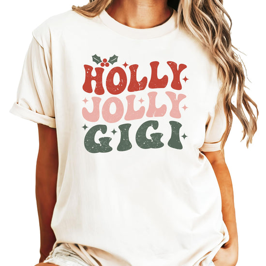 Close-up of Holly Jolly Gigi retro-style Christmas shirt print detail in festive colors