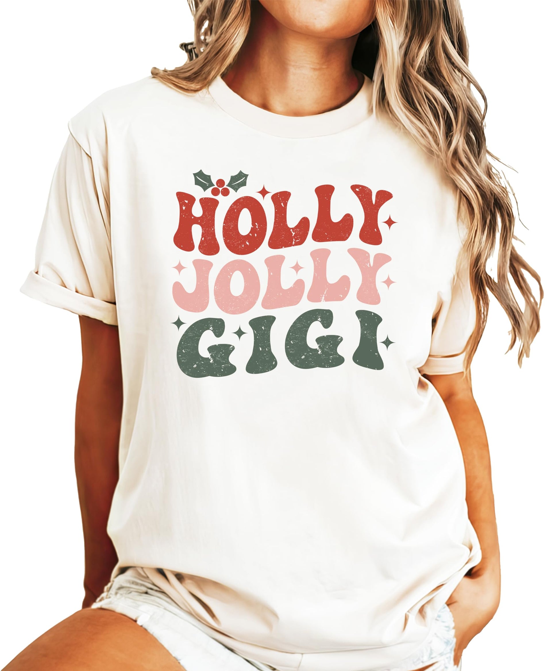 Close-up of Holly Jolly Gigi retro-style Christmas shirt print detail in festive colors