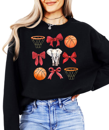 Elephant Mascot Sweatshirt for Women Teens & Girls Red Bows and Basketball Pullover