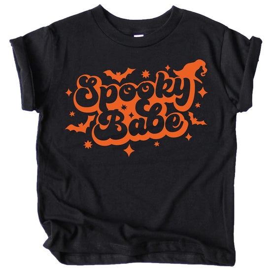 Spooky Babe retro spiderweb graphic tee for toddler girls in orange on vintage burgundy
