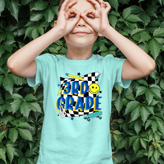 Boys' retro 3rd grade skateboard shirt styled as a first day of school outfit