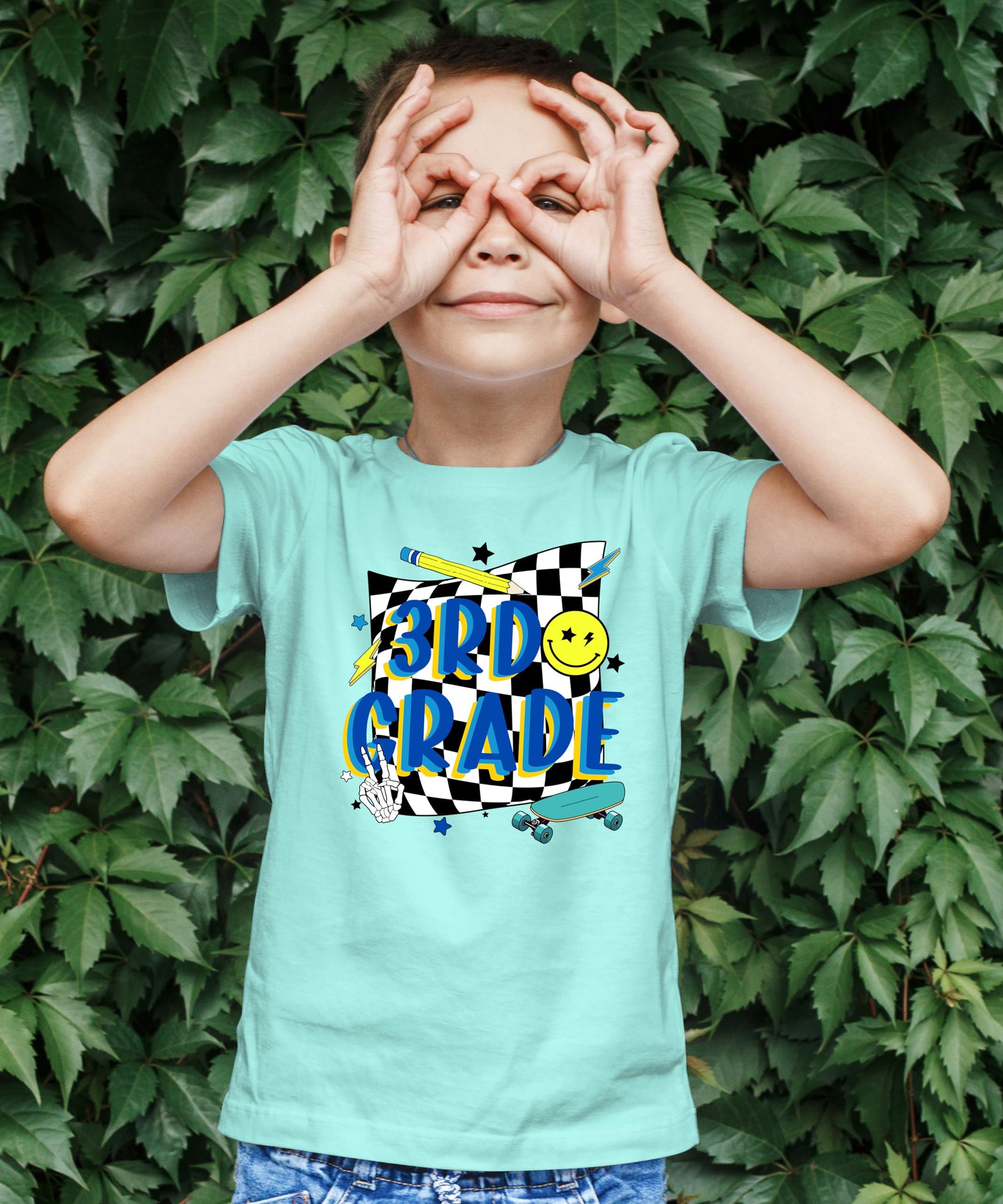 Boys' retro 3rd grade skateboard shirt styled as a first day of school outfit