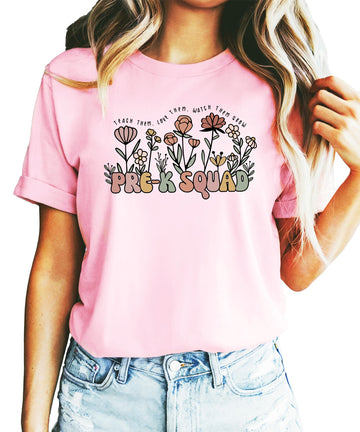 Women's peach Pre-K Squad teacher t-shirt with retro floral design and 'Teach Them Love Them Watch Them Grow' graphic