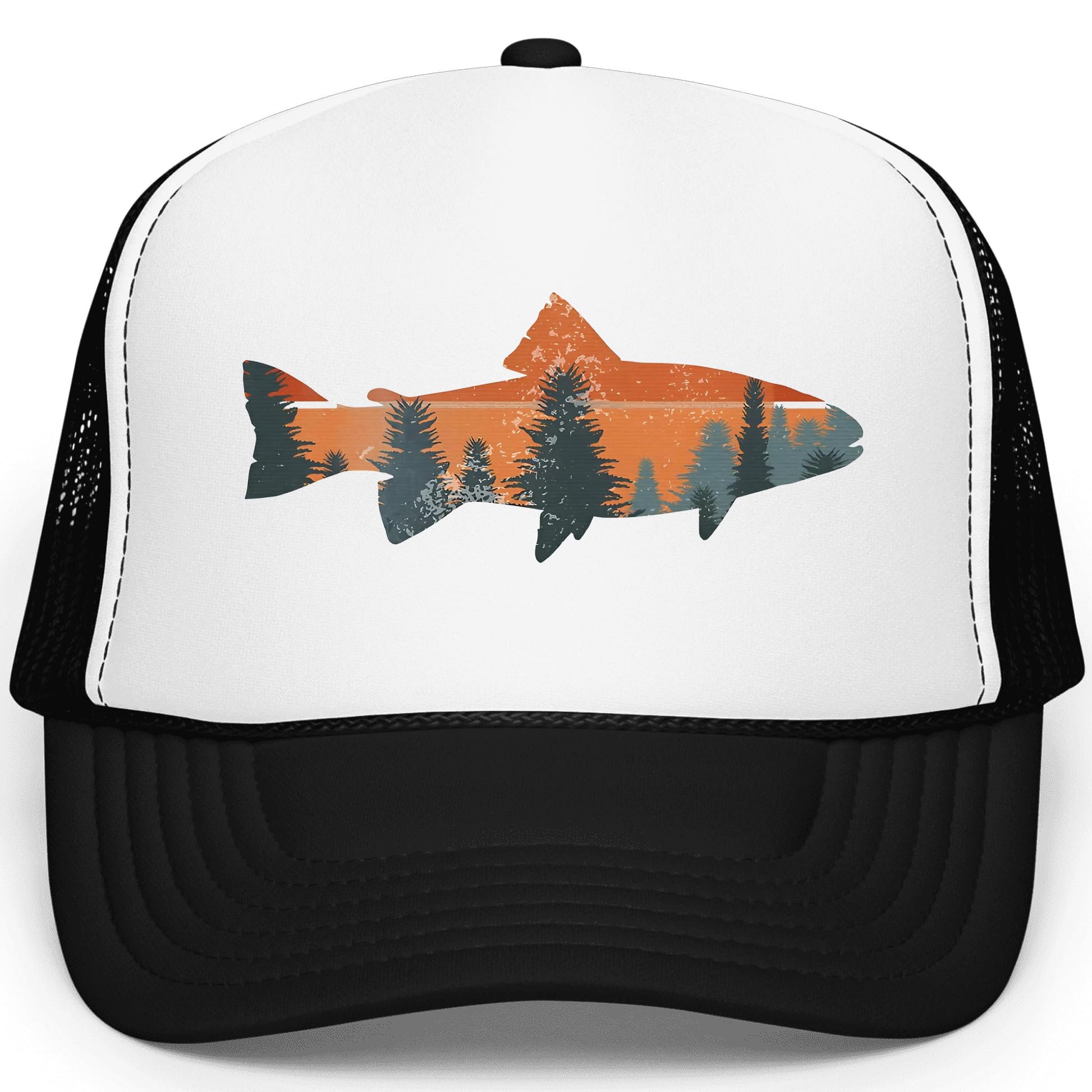 Trout fishing sunset trucker hat front view - white and black foam front snapback