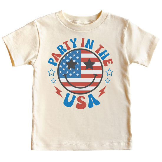 Family wearing matching Party in the USA 4th of July shirts outdoors