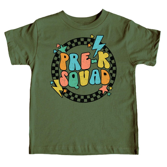 Front view of purple Pre-K Squad lightning bolt graphic tee for boys and girls back to school