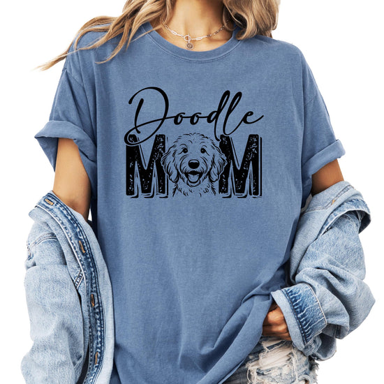 Women's doodle mom graphic tee with cute Goldendoodle dog illustration on the front