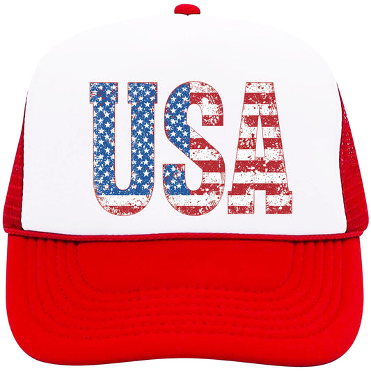 Distressed Red White and Blue USA Classic 5 Panel Mesh Snap Back Trucker Hat