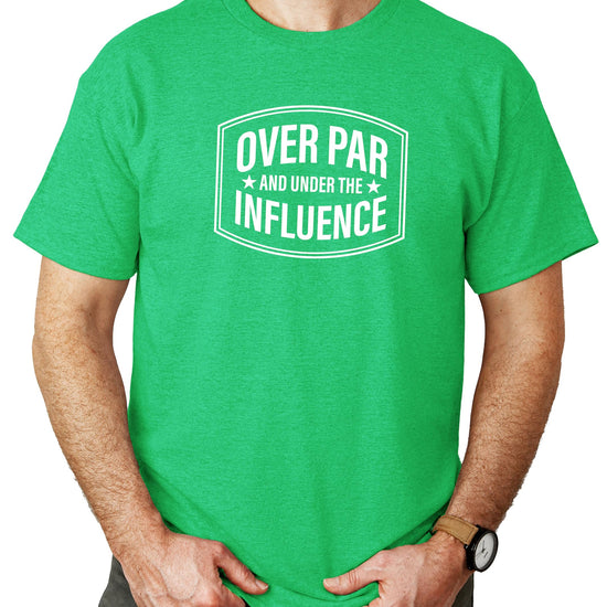Over Par and Under the Influence funny men's golf graphic tee in heather blue