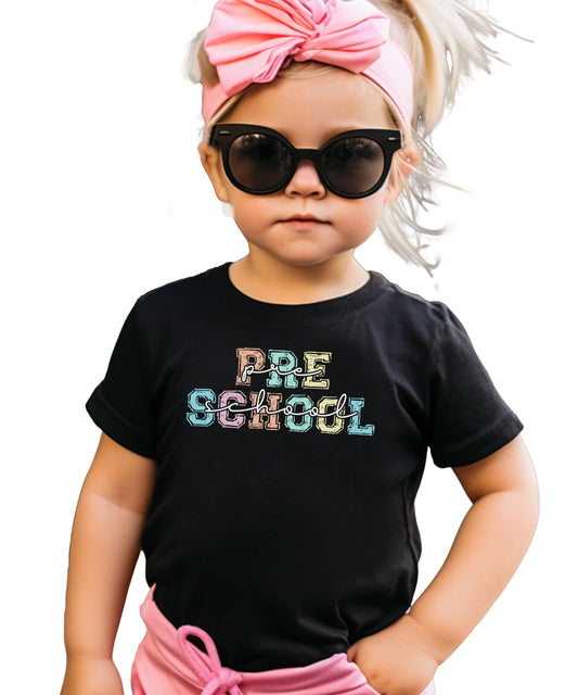 Back to school pastel preschool tee worn styled casually, fun graphic design for kids and women