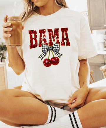 Bama Red Ink-Printed Sequins and Check Bow Shirt for Women & Teens Alabama School Sports Fan Tee