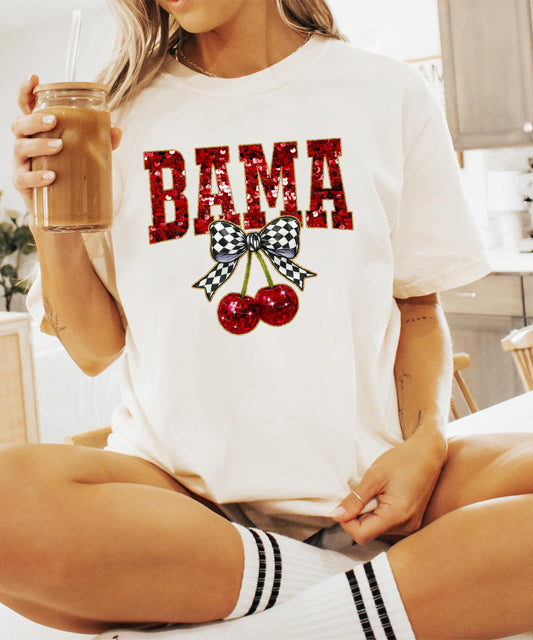 Bama Red Ink-Printed Sequins and Check Bow Shirt for Women & Teens Alabama School Sports Fan Tee