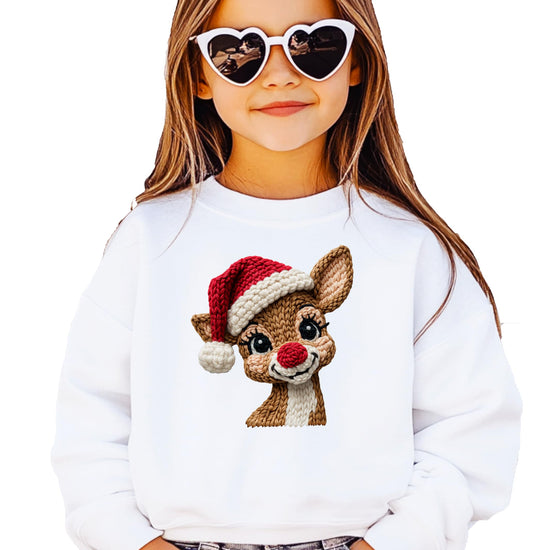 Detail shot of high-quality ink print on white Christmas reindeer sweatshirt by Olive Loves Apple