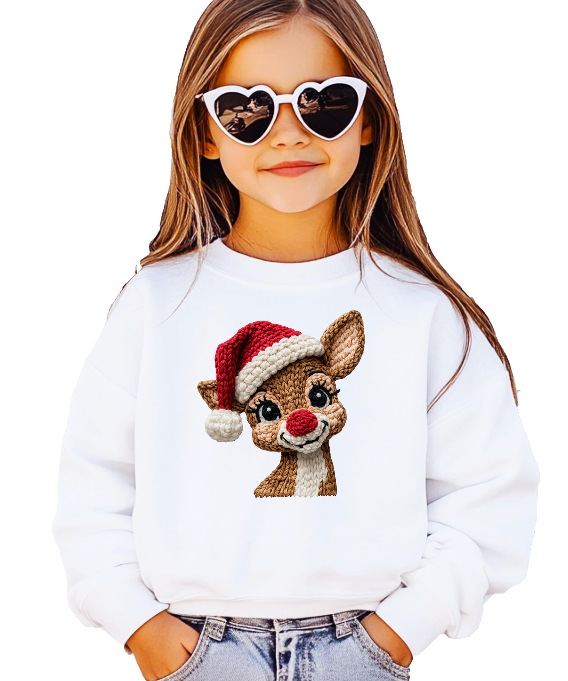 Detail shot of high-quality ink print on white Christmas reindeer sweatshirt by Olive Loves Apple