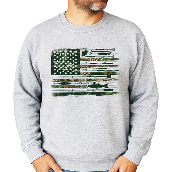 Front view of USA flag fishing sweatshirt on model, showing full patriotic fishing graphic design