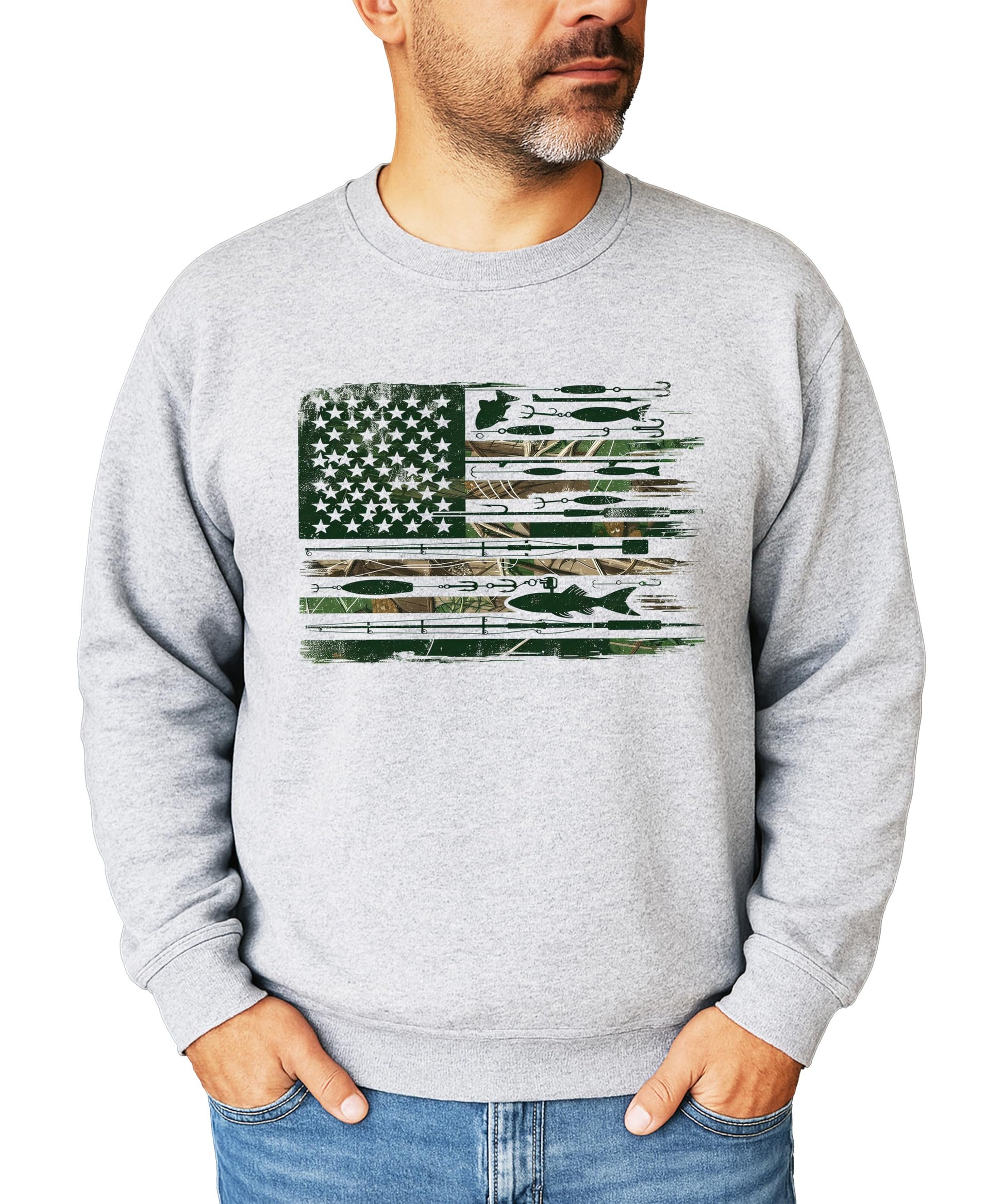 Front view of USA flag fishing sweatshirt on model, showing full patriotic fishing graphic design