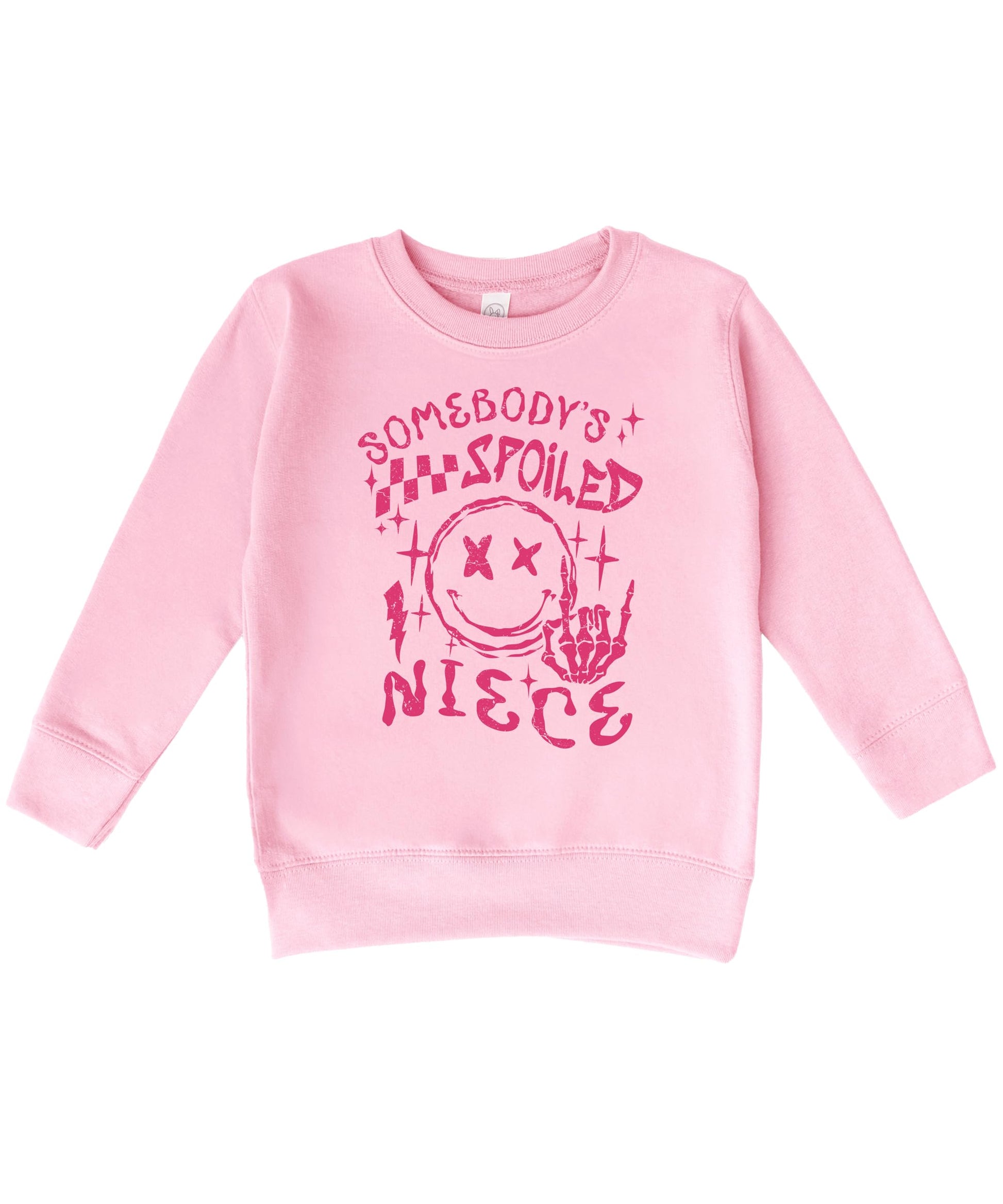 Somebody's Spoiled Niece toddler sweatshirt laid flat showing full graphic design in pink