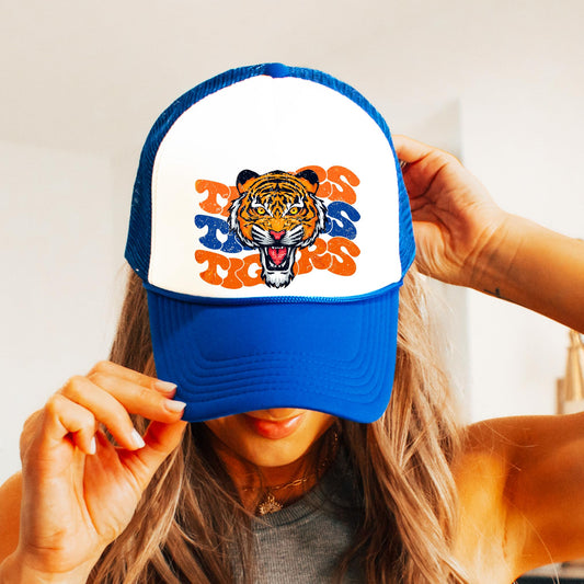 Retro Tiger Mascot Wavy Trucker Hat for Women and Teens Classic 5 Panel Mesh Snapback