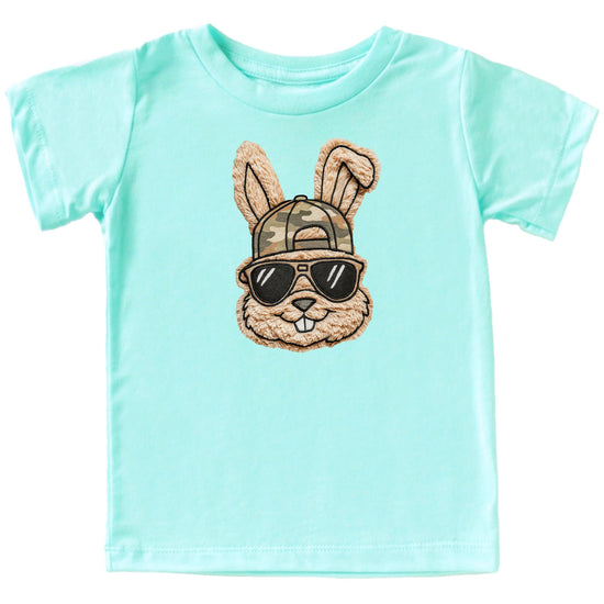 Men's natural graphic tee with Easter bunny wearing sunglasses and a camo hat design