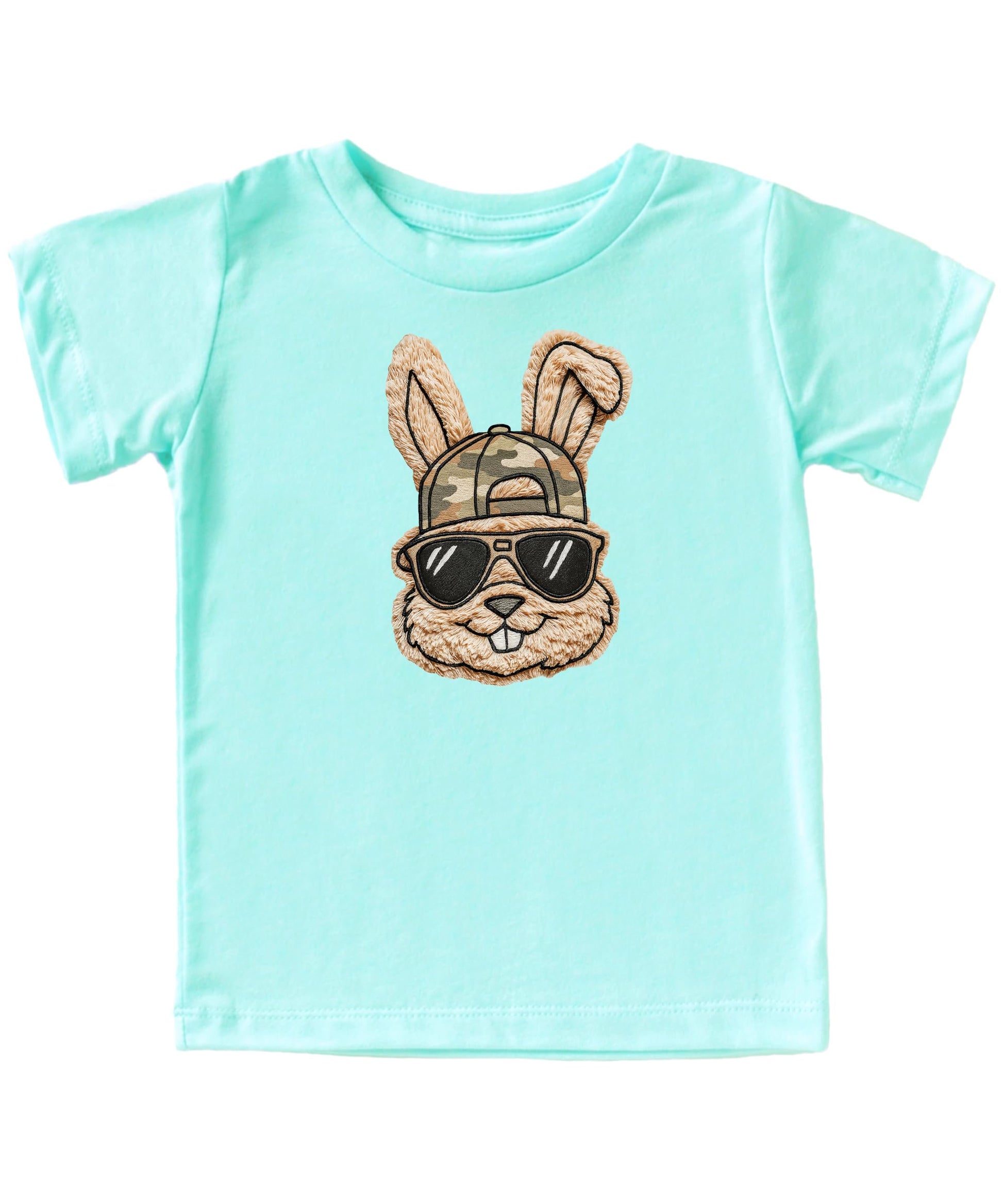 Men's natural graphic tee with Easter bunny wearing sunglasses and a camo hat design
