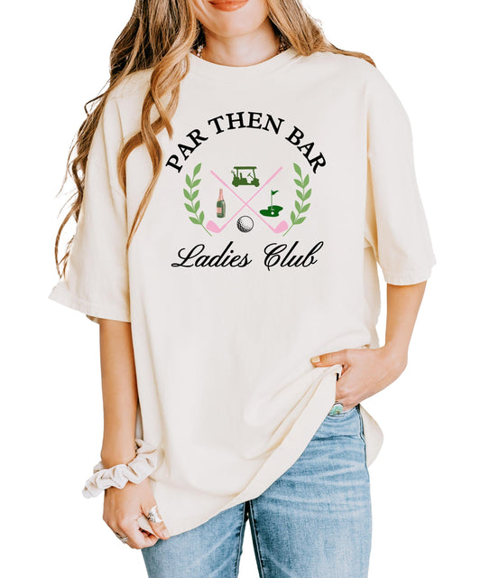Close-up view of Par Then Bar golf shirt graphic text design