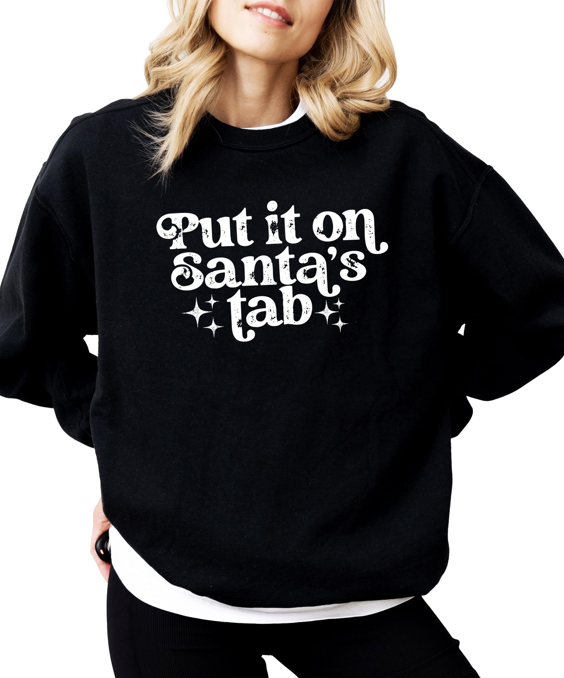 Side view of cozy red women's holiday pullover sweatshirt with funny Santa's Tab graphic